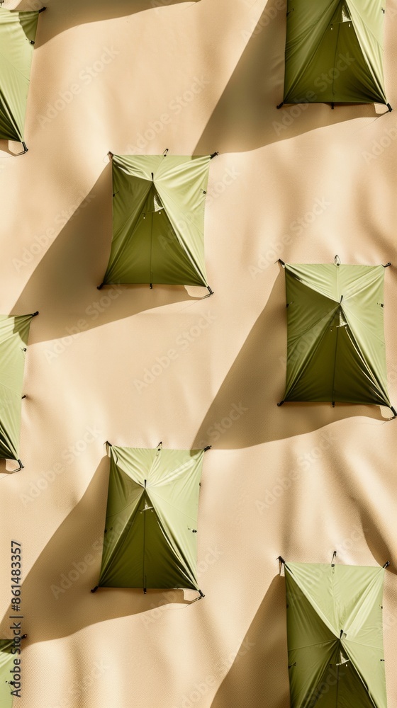 Poster symmetrical array of green tents on beige background in sun-drenched scene