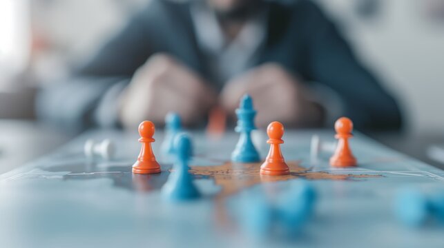 Close-up of a board game with orange and blue pieces, with a blurred person in the background, focusing on strategy and competition.