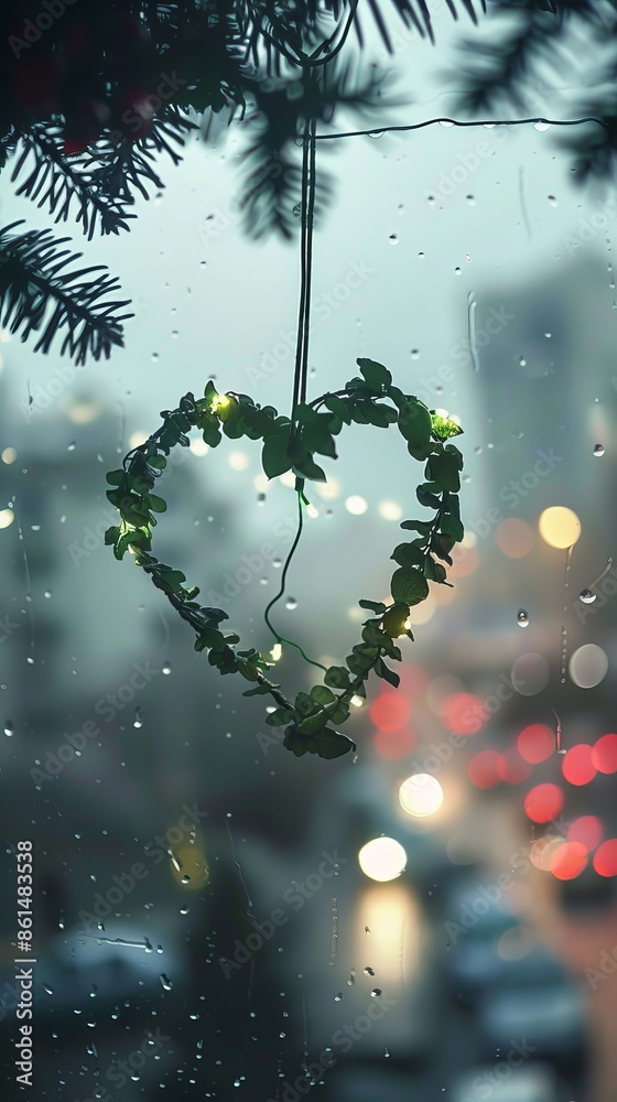 Sticker Heart shaped green wreath hanging on tree, symbolizing love and nature, vibrant and serene outdoor photography