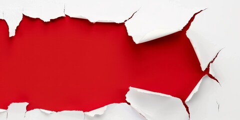 Torn hole paper background. An overhead view of red torn paper revealing a white background for dramatic contrast. Ideal for announcements promotions