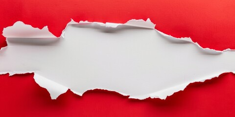 Torn hole paper background. An overhead view of red torn paper revealing a white background for dramatic contrast. Ideal for announcements promotions