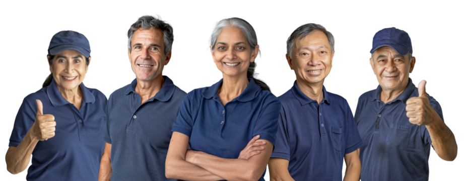 Group of senior diverse individuals in blue uniforms and caps, posing confidently. Studio portrait isolated on transparent background. Service industry attire