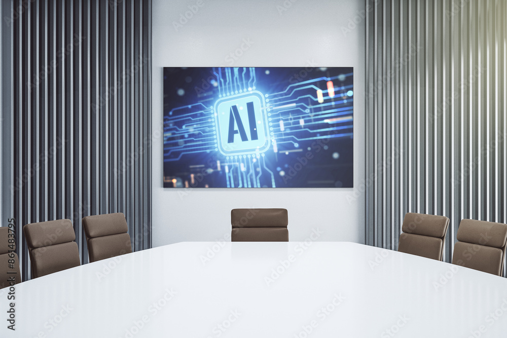 Fototapete creative artificial intelligence icon on presentation tv screen in a modern meeting room. neural net
