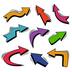 Arrow comic pop art. Cartoon 80s-90s style infographic various directions pointer collection. Retro empty cursor sign boom.