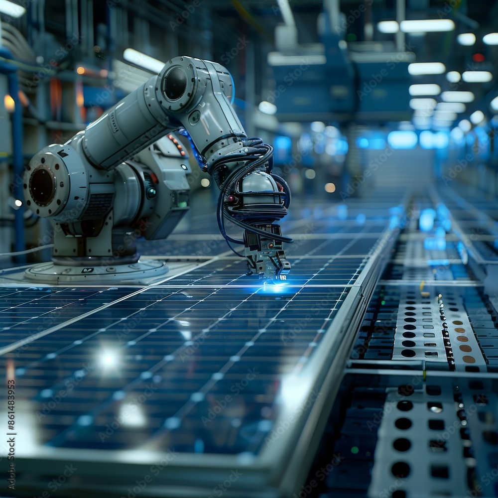 Poster robotic arm in high-tech factory assembling solar panels with precision and automation
