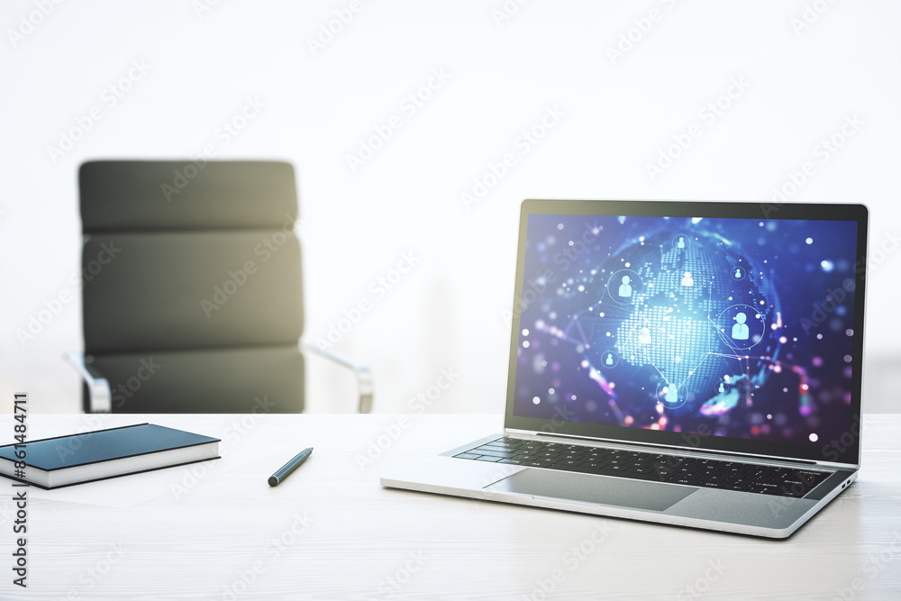 Poster Social network concept with world map on modern laptop screen. 3D Rendering