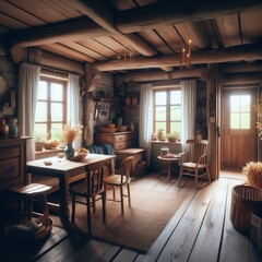 Fototapeta premium Cozy Rustic Cottage Interior with Vintage Decor