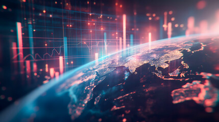 Obraz premium Hi-tech hologram of planet Earth with glowing vector chart of investment financial data. Graph stock market with rising candlesticks. Infographic elements