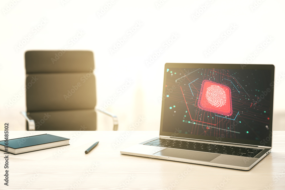 Aufkleber Modern computer screen with creative fingerprint hologram, personal biometric data concept. 3D Rendering