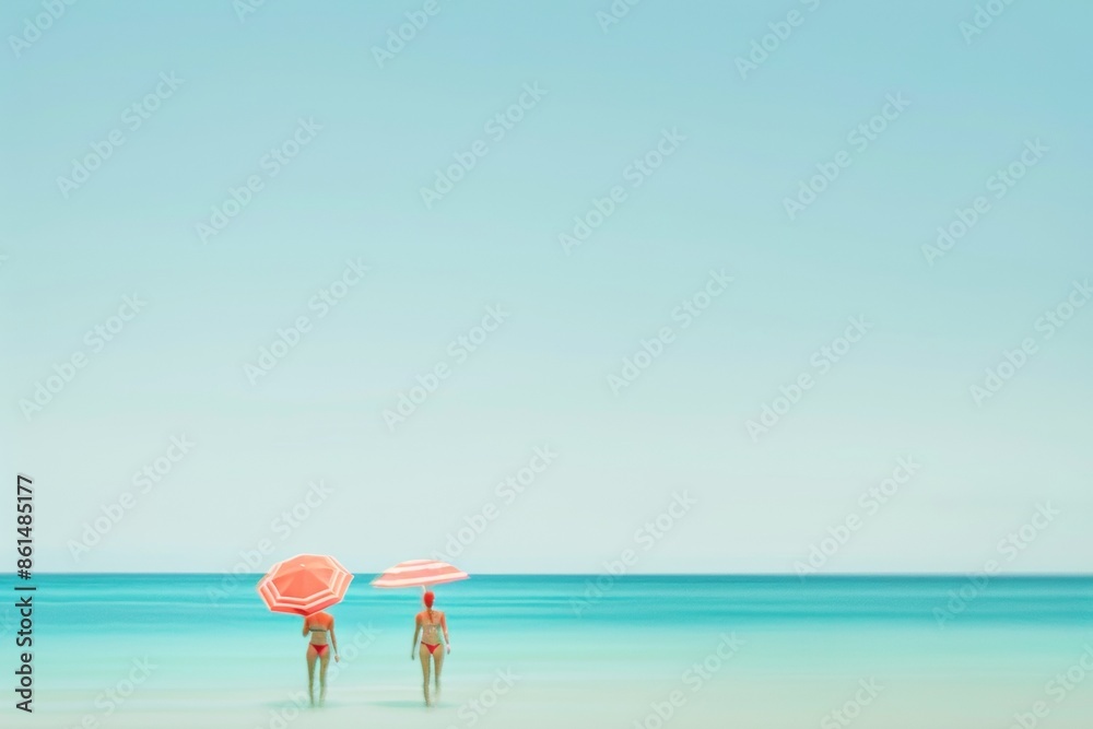 Poster abstract summer scene with blurry figures in red swimsuits under symmetrical umbrellas, turquoise oc
