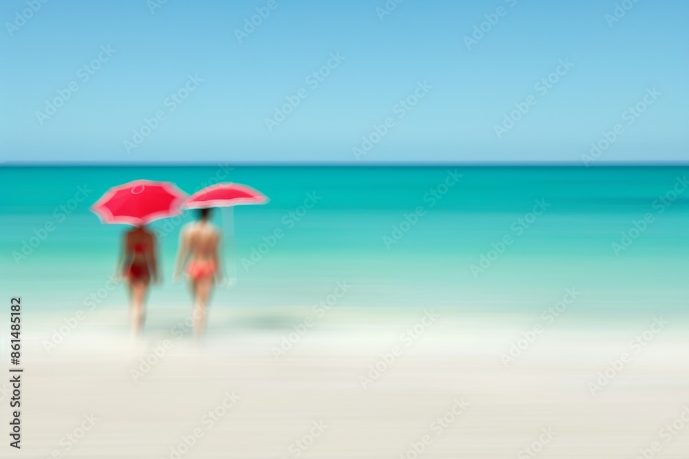 Poster abstract blurry image of two people in red swimsuits with red umbrellas at turquoise ocean beach