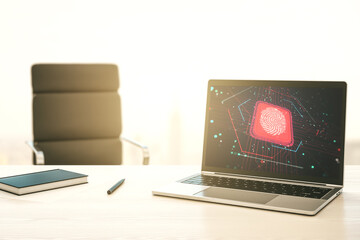 Modern computer screen with creative fingerprint hologram, personal biometric data concept. 3D Rendering