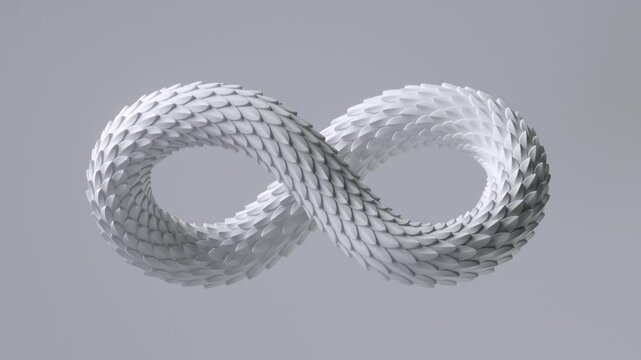 3d render cycled animation of infinity symbol with white snake skin texture, isolated on white background. Abstract animated moving snake. Video of dragon scales texture