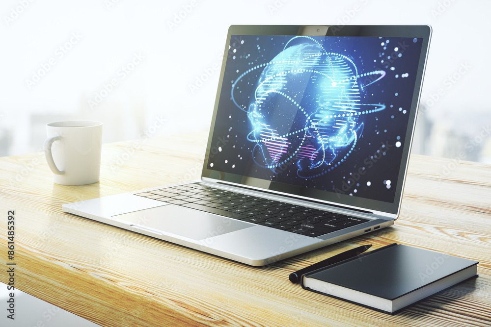 Leinwandbilder computer monitor with abstract graphic digital world map with connections, globalization concept. 3d