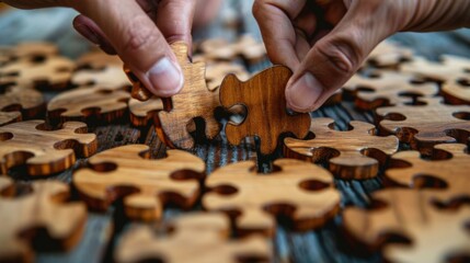 Two hands assembling wooden puzzle pieces.