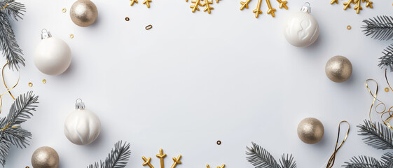 Fototapeta premium Festive Christmas Background with Gold and Silver Decorations on White Surface