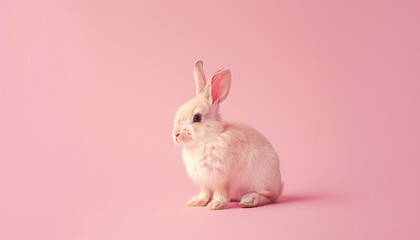 Fototapeta premium Adorable baby rabbit with soft fur sits against a pink background, exuding cuteness and innocence, capturing hearts with its delicate and sweet appearance