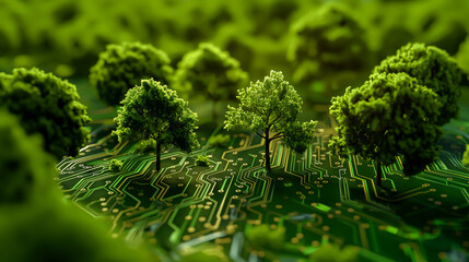 Tree growing on a circuit board, Symbolizing the fusion of technology and nature, Green computing, Green technology