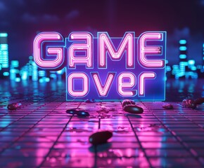 Neon game over sign on futuristic cityscape background with spilled beans reflecting vibrant lights