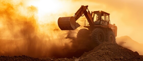 Heavy Construction Equipment Bulldozer Moving Earth at Sunset on a Dusty Construction Site