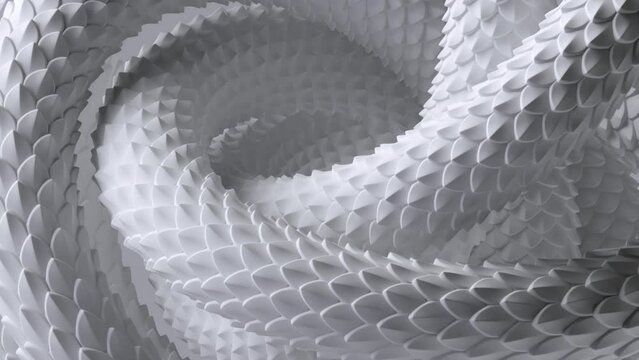 looping 3d animation. Abstract white background of knotted albino snake moving endlessly. Video of dragon scales texture motion