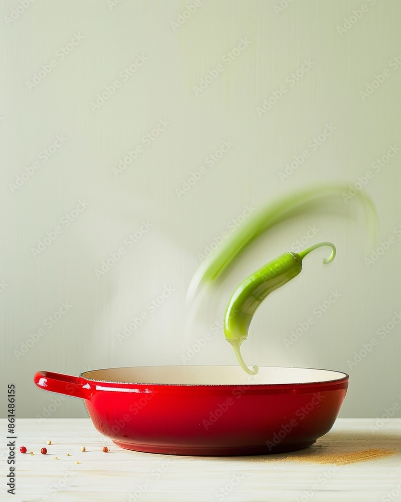 Poster abstract artistic capture of cooking concept with red skillet and green pepper in symmetrical compos