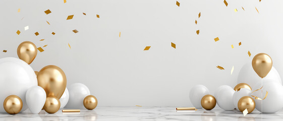 Fototapeta premium Elegant Celebration Background with Gold and White Balloons and Confetti on Marble Surface