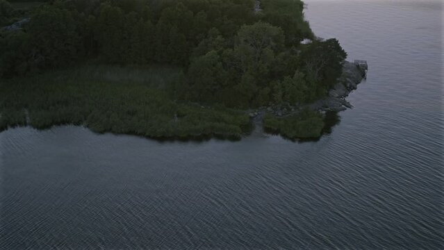 Aerial view of costal forest in Scandinavia at Sunset