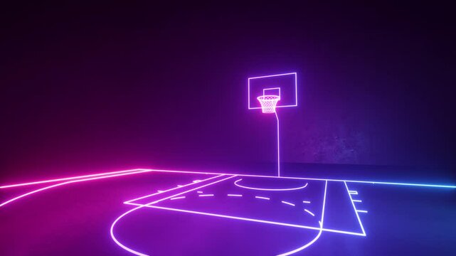3d animation. The camera flies over the virtual neon basketball court. Neon sports ground animation. Span of the camera.