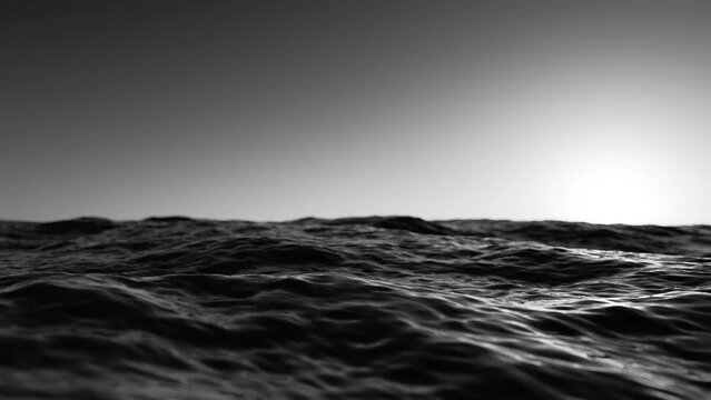 cycled 3d animation of a black white monochrome seascape. Animated minimalist background, stormy waves