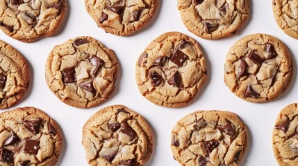 Obraz premium An array of chocolate chip cookies captured in mid-fall, showcasing their golden-brown texture and gooey chocolate chunks against a pure white backdrop.