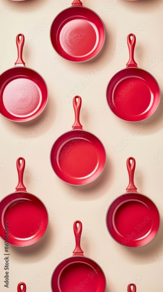 Poster Aesthetic Array of Red Skillets on Beige Backdrop Creating a Patterned, Monochrome Visual