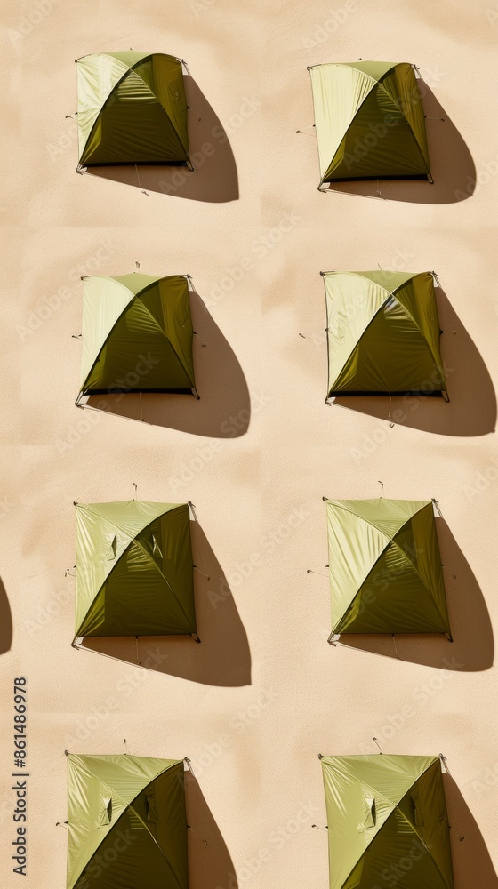 Poster Symmetrical Pattern of Green Tents on a Beige Background During Sunny Day, Creating Minimalistic Design in Photography