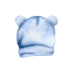 New born baby boy cap watercolor illustration. Kids hat in blue color , accessories for baby shower party, room poster, greeting card, invitation design. Hand drawn clip art