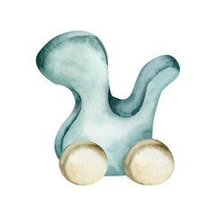 Children wooden toy of green dinosaur watercolor illustration. Hand drawn baby boy playing tool. Green dino on wheels, kids drawing for poser, room decor, invitation, baby shower design