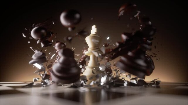 The white king chess piece falls to the chessboard and smashes the black wooden pawns. 3d slow motion animation of aggressive attack and successful strategy. Winning the game.