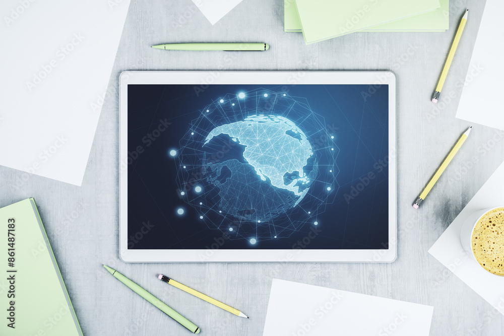 Poster modern digital tablet display with graphic america map, global technology concept. top view. 3d rend
