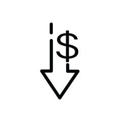 Dollar arrow isolated icon in line style of falling currency. Vector business concept