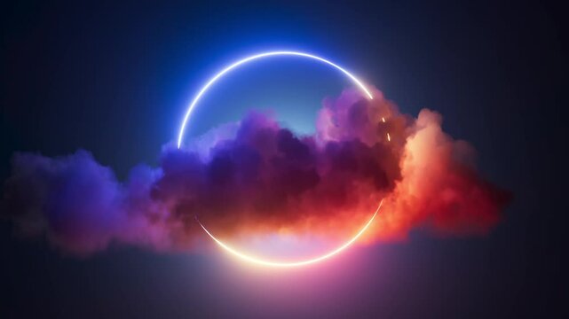 looping 3d animation, abstract neon geometric background. Colorful cloud spins around the glowing round frame. Futuristic minimalist wallpaper