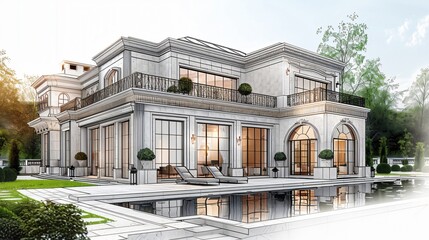 Large mansion pool patio rendering