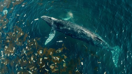 Fototapeta premium Blue Whale Feeding in Microplastic Infested Sea Highlighting Ocean Pollution Crisis