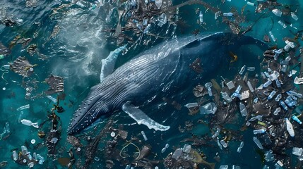 Majestic Blue Whale Navigating Through Microplastic Pollution in the Ocean