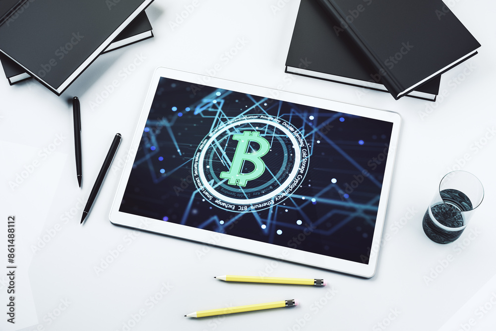 Poster Creative Bitcoin concept on modern digital tablet display. Top view. 3D Rendering