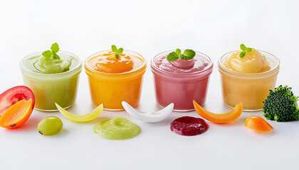 Jars of healthy baby food, fresh apple and vegetables isolated on white background