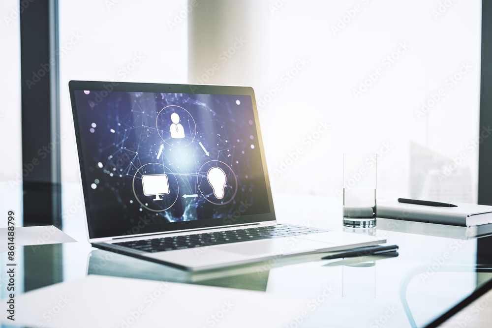 Poster social network concept on modern laptop screen. 3d rendering