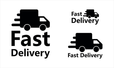 Fast delivery. A company icon or logo. An icon of a fast-moving car or truck. Black letters. Vector illustration. Black color.
