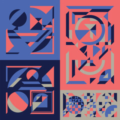 Abstract. Near space. Abstract painting of geometric shapes. Blue, orange and beige colors.