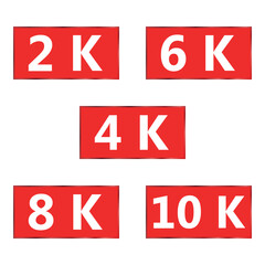 Video quality icon. 2 K, 4 K, 6 K, 8 K, 10 K. Square, red with white letters.