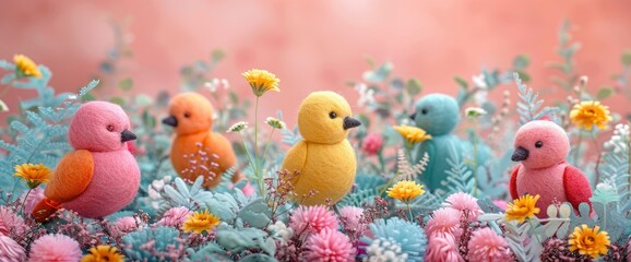 Multicolored Felt Birds Easter Background, Creating A Whimsical And Festive Scene
