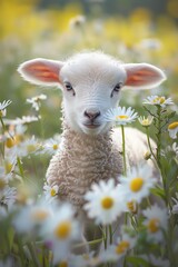 Fototapeta premium Cute lamb in a meadow, surrounded by daisies, bright sunny day